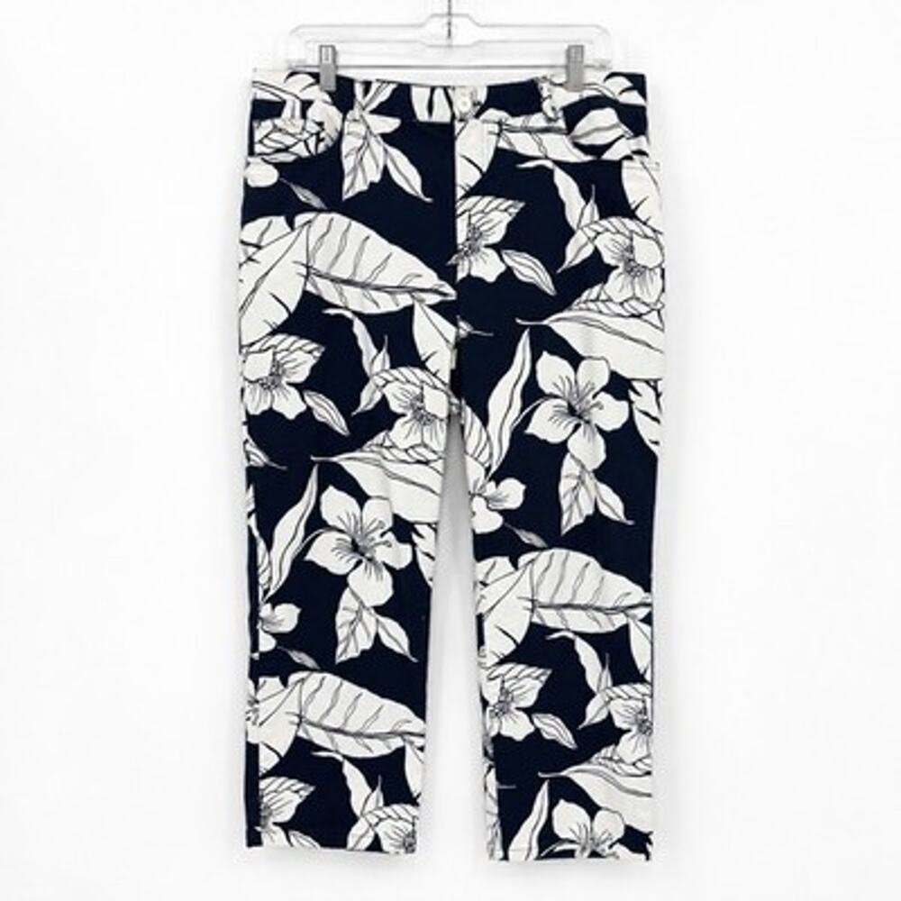 Lauren Ralph Lauren Tropical Chino Pants size 16 White Blue Floral Cotton Blend